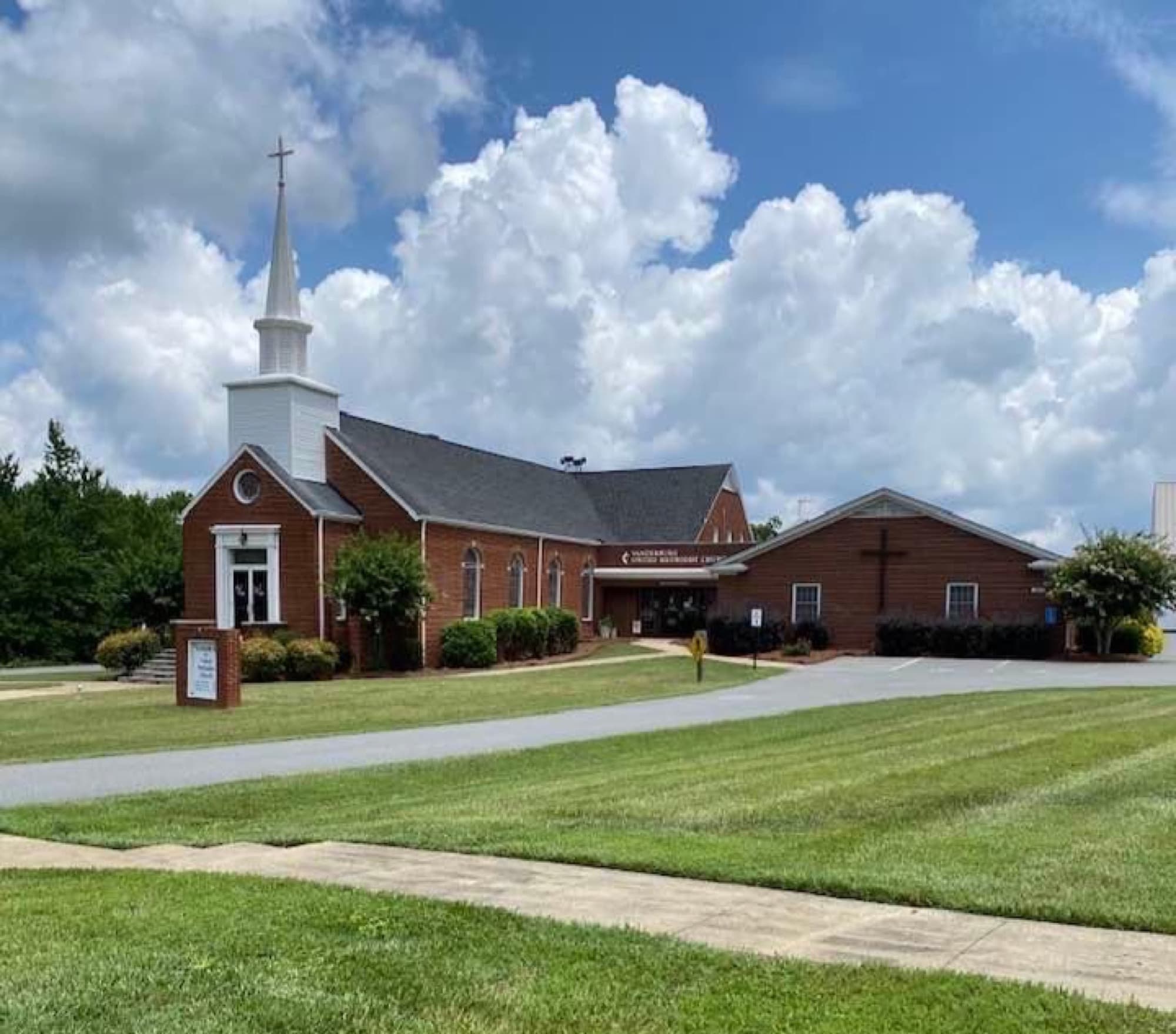 Vanderburg Methodist Church building with its white steeple
